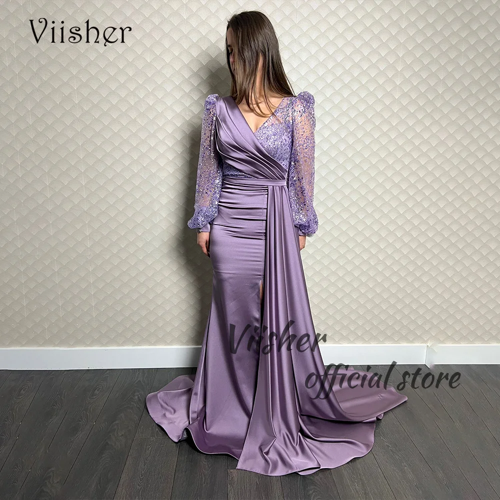 

Viisher Lavender Satin Mermaid Evening Dresses Sequin Long Sleeve V Neck Arabic Dubai Prom Dress with Skirt Formal Party Gowns