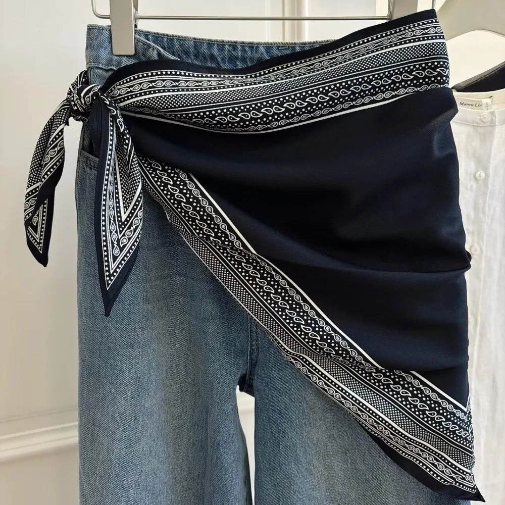 جديد متعدد الوظائف الأزهار مثلث وشاح مطابقة السراويل الحرير الساتان المرأة ربطة العنق حزام الخصر الصيف