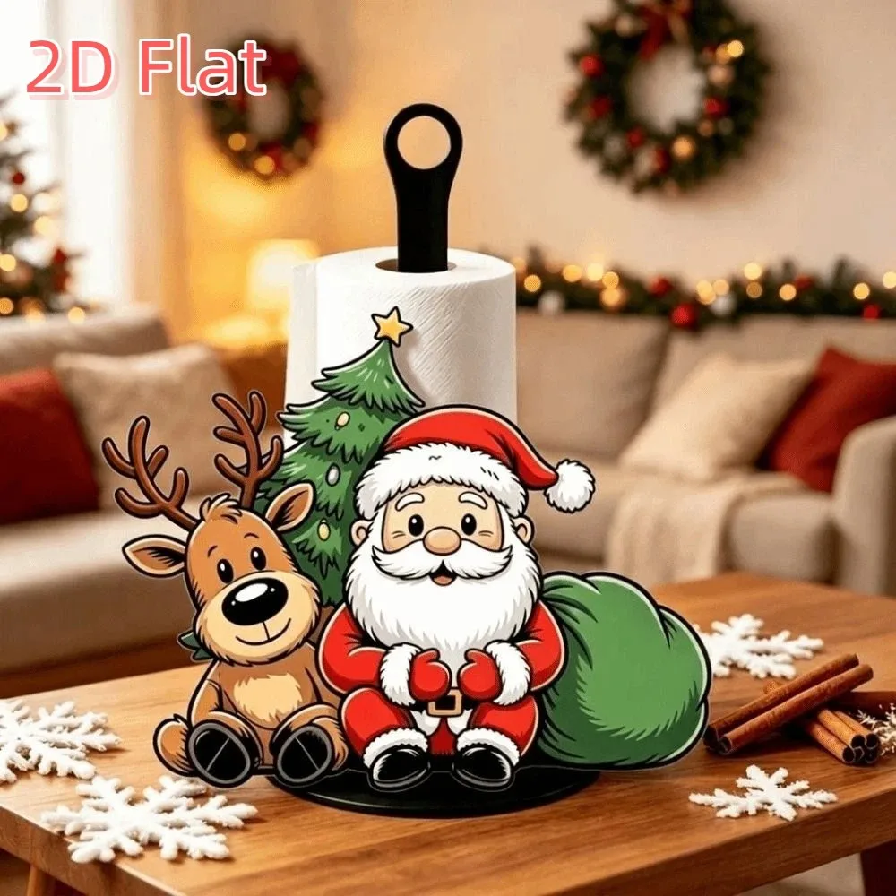 2D Flat Santa Claus Towel Stand Wooden Base Acrylic Xmas Paper Holder Printed Pattern Freestanding Roll Paper Towel Holder