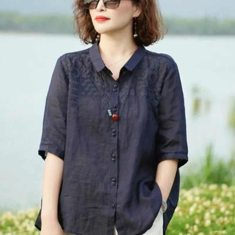 

2024 Women's Summer New Turndown Collar Blouses Spliced Button Embroidery Fashion Solid Color Loose Casual Half Sleeve Z259