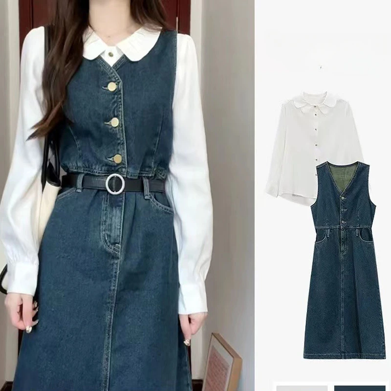 Vintage Y2K Dresses Two Pieces Set Spring Autumn Long Sleeve Shirts with Denim Dress Matching Belt Suits Streetwear for Women