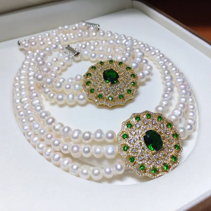 Natural Pearl 3 Strands 7-8mm White Pearl Green Crystal CZ Connector Bracelet and Necklace Set