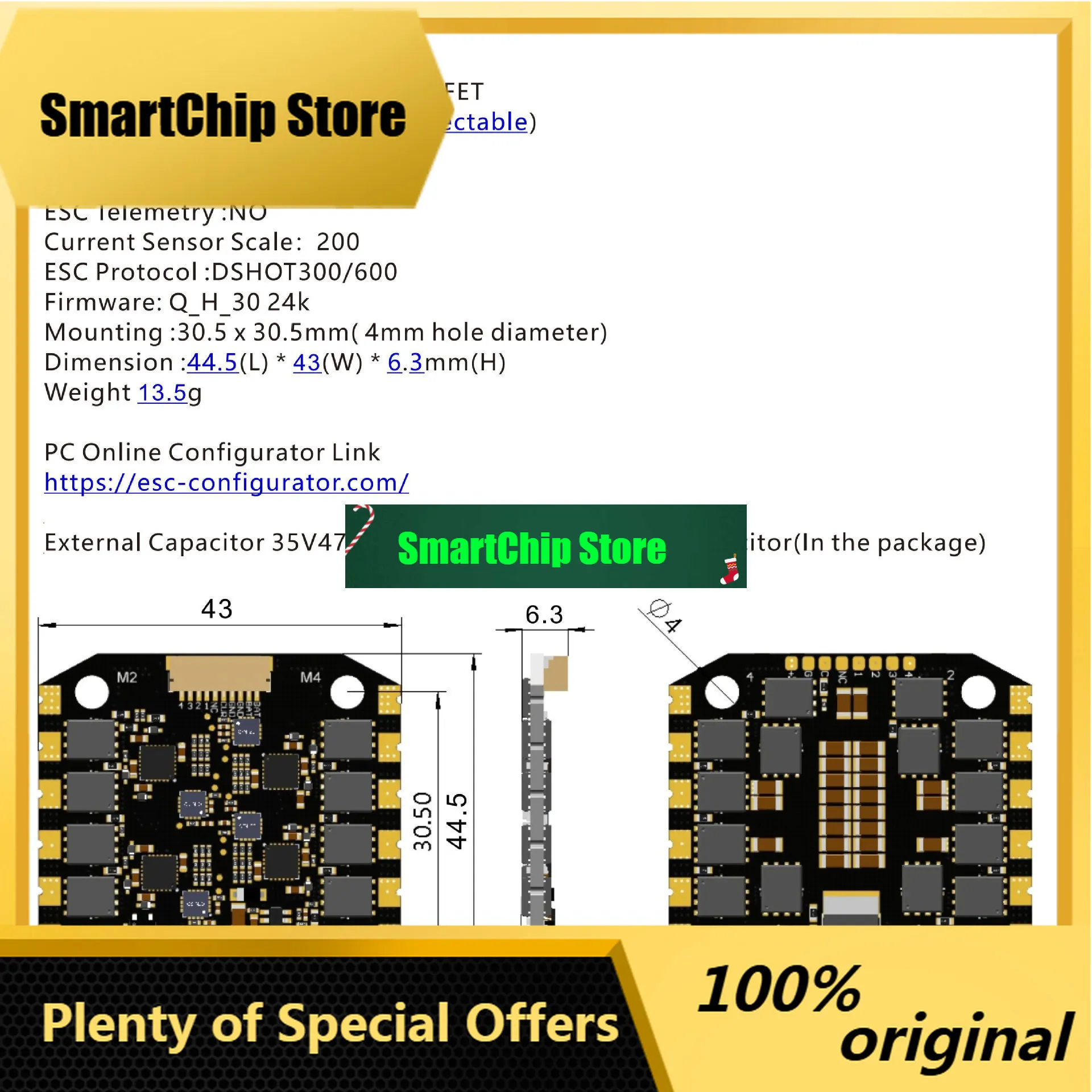 SmCpBLS 55A 30.5x30.5 4-in-1 ESC, EFM8BB21F16 MOSFET, 3-8S LiPo, DSHOT300/600, Ultra Lightweight 13.5g For FPV Parts