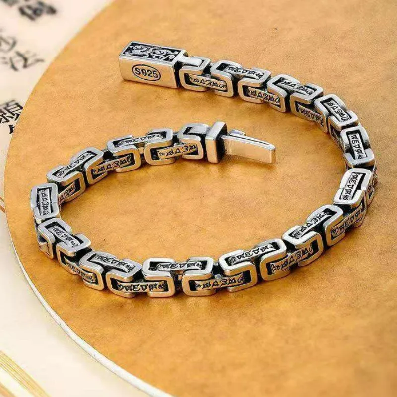 Chinese Style Dragon Pattern Six Syllable Mantra Interlocking Silver Bracelet, Vintage Hip Hop Personality Jewelry
