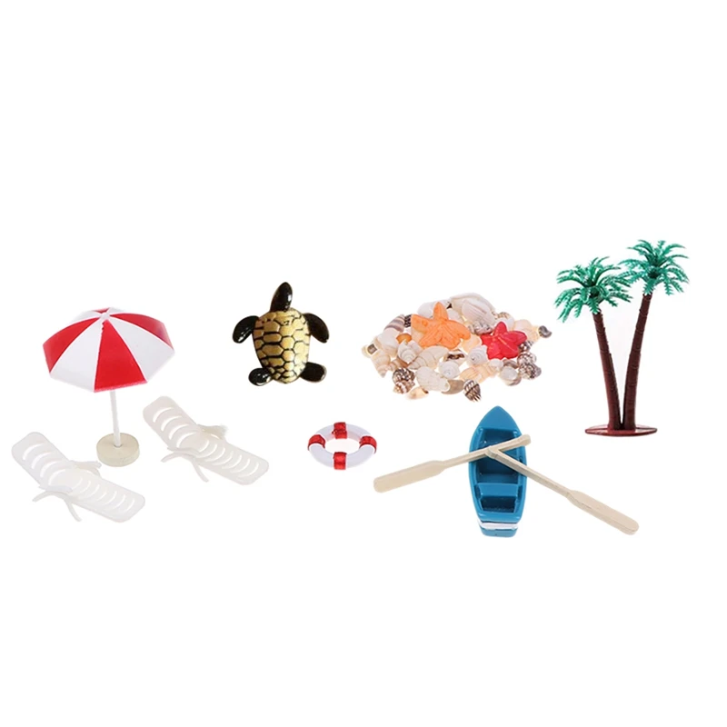 10Pcs/Set Miniature Deck Chair Beach Umbrella Boat Shell Kits For Dollhouse Life Scenes Decoration Accessory