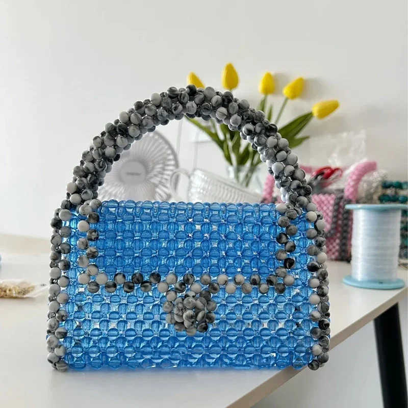

Aqua Blue Transparent Acrylic Patchwork Small Box Handbags for Women Vintage Summer Seaside Travel Versatile Designer Bag