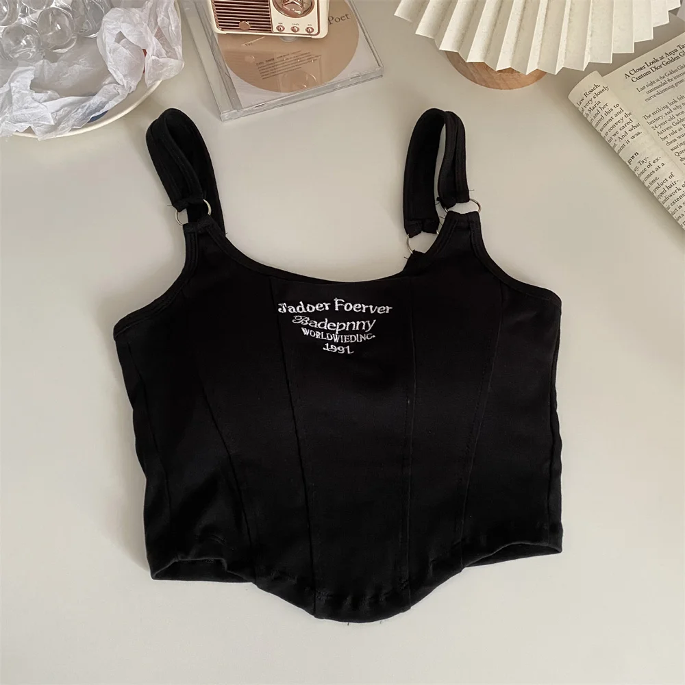 Sexy Tanktops mit Stickerei für Damen, lässige Sport-Crop-Tops im Y2K-Stil mit BH-Einlage, modische schulterfreie Tanktops, lässige Basic-Weste – Detail 8
