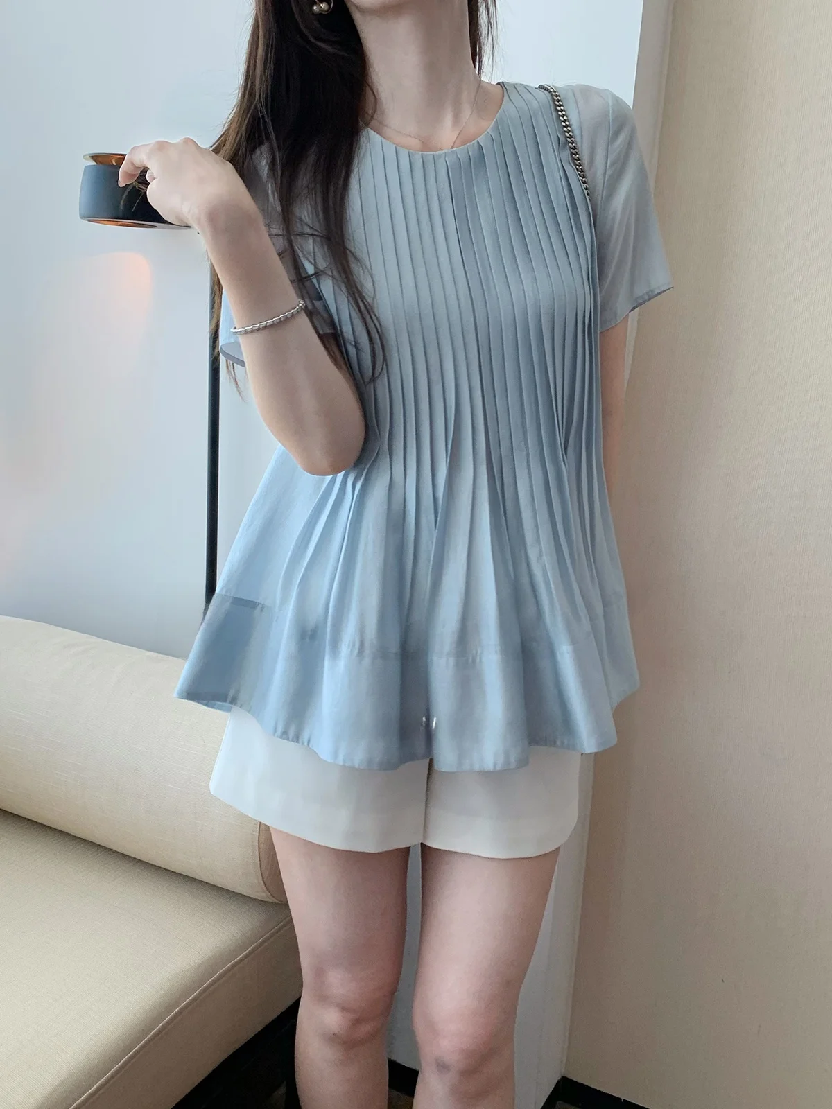 

DAJOS Summer Cute Little irt Tu Folded Crt Acetate Modal round Ne Top Skin-friendly Breathable Thin ort Sve Wome...