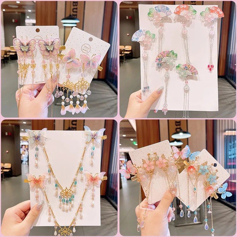 IHUES Chinoiserie Headdress Suit children Hairpin Transparent Flower Hair Clip Step Shaking Tassel Butterfly Hair Ornament