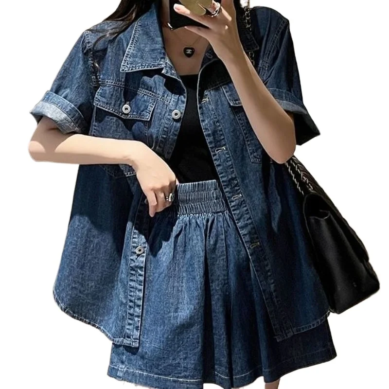 

New Hong Kong Style Casual Fashion Suit Women's Summer Style Loose and Age-reducing Thin Denim Shirt Jacket Shorts Two-piece Set