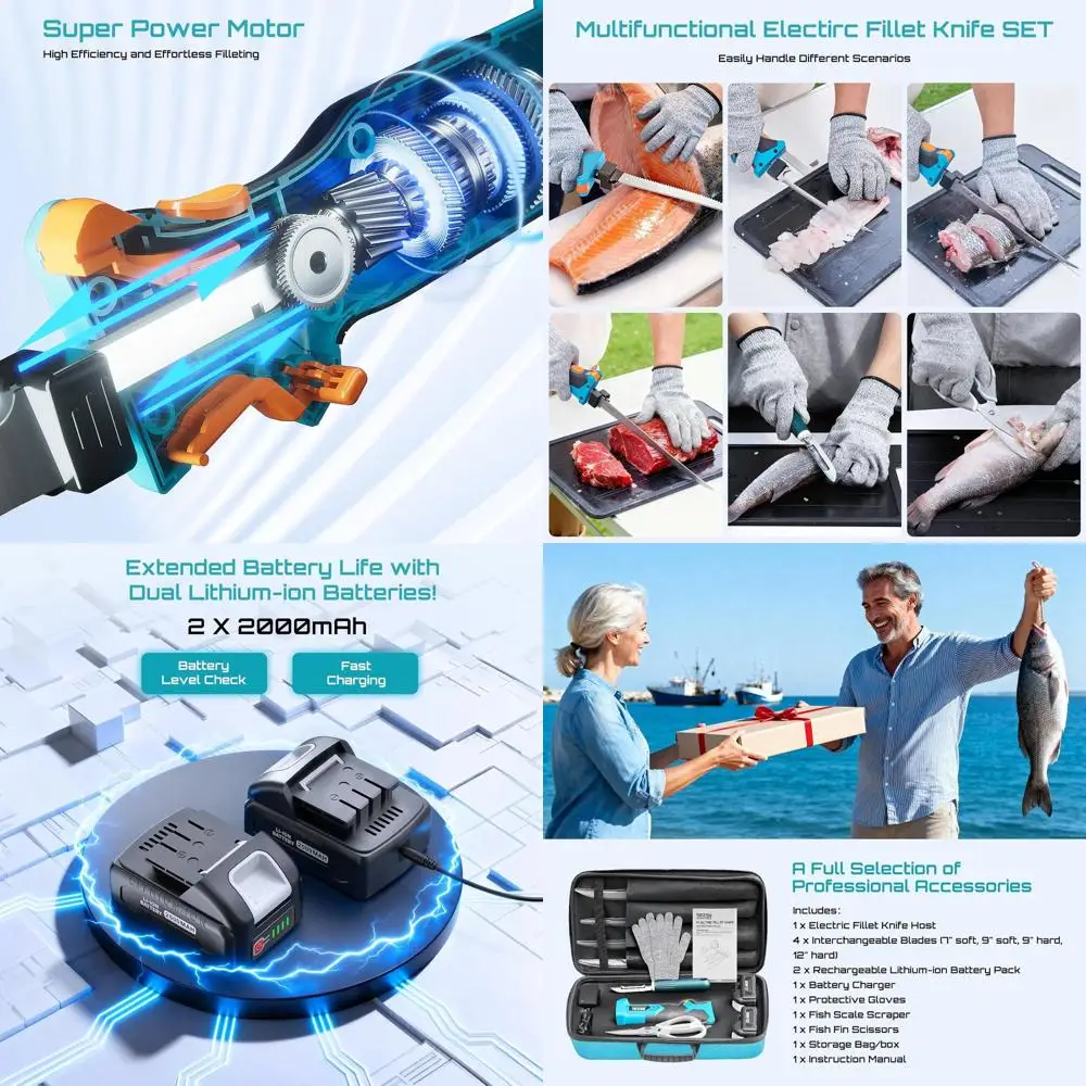 Draadloos elektrisch filetmes met 4 messen, oplaadbaar filetmes met hoge snelheid voor vis, antisliphandgreep, veiligheidsslot, opslagba