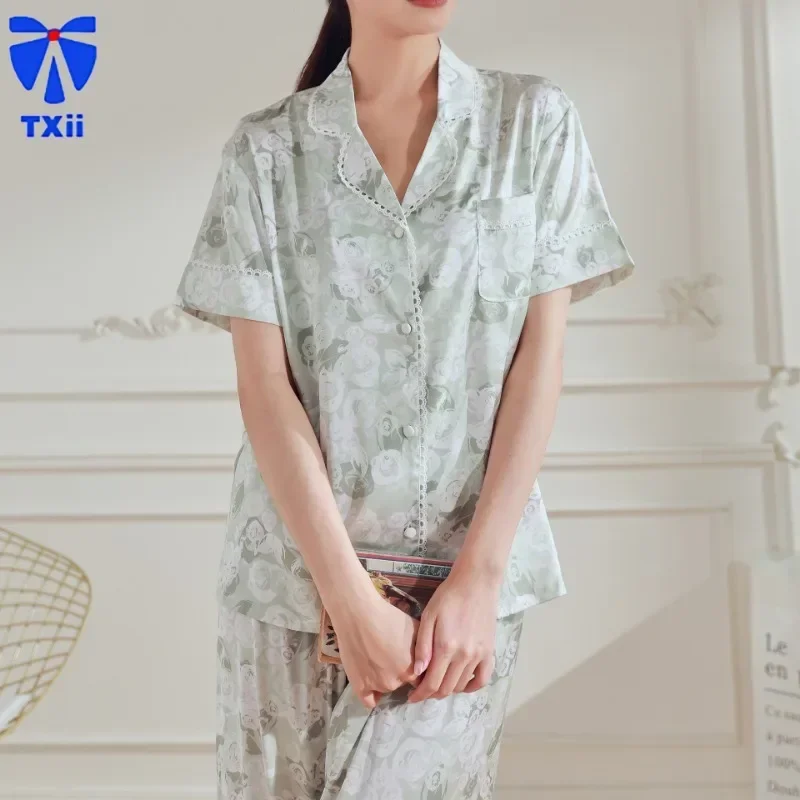 TXii Women's autumn ice silk home suit set with fresh printed pajamas that can be worn outside for casual wear with lace edges