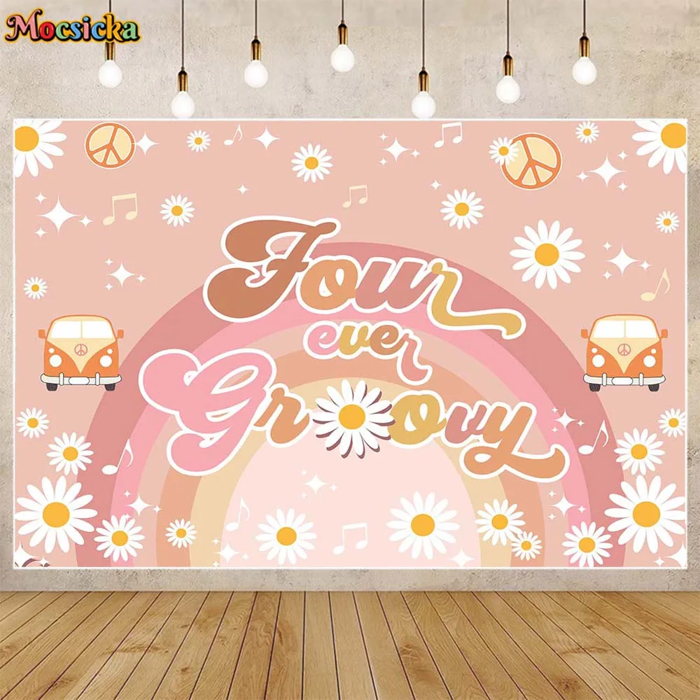 

Mocsicka Four Ever Groovy 4th Birthday Party Background Hippie Boho Rainbow Daisy Girl Fourth Birthday Backdrop Cake Table Decor