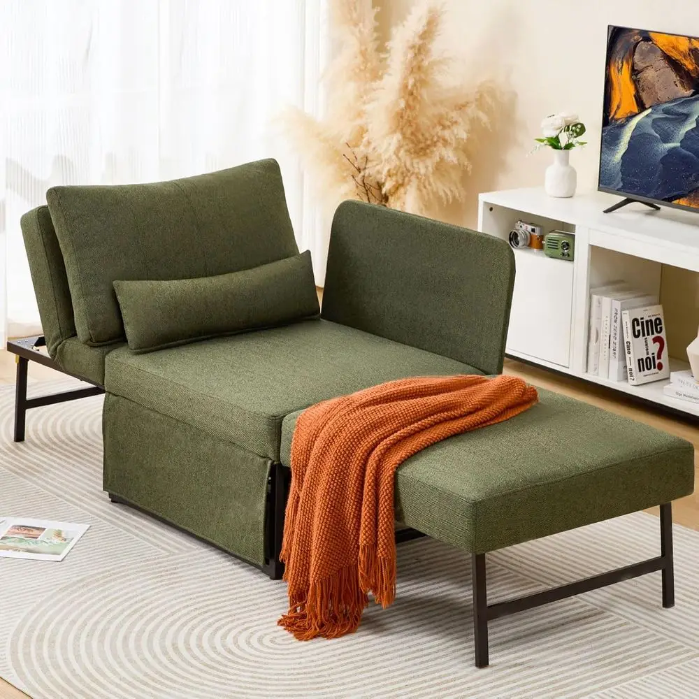 Upgraded 5-in-1 Convertible Sofa Chair with Adjustable Backrest, Linen Ottoman Bed, and Living Room Storage (Deep Green)