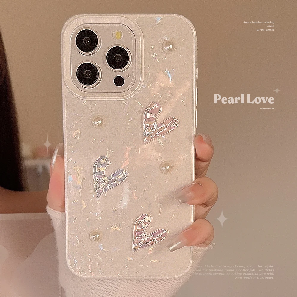 Korean Cute 3D Laser Love Soft Silicone Case for iPhone 15 Plus 14 13 12 11 Pro Max Pearl Shockproof Shell Pattern Phone Case