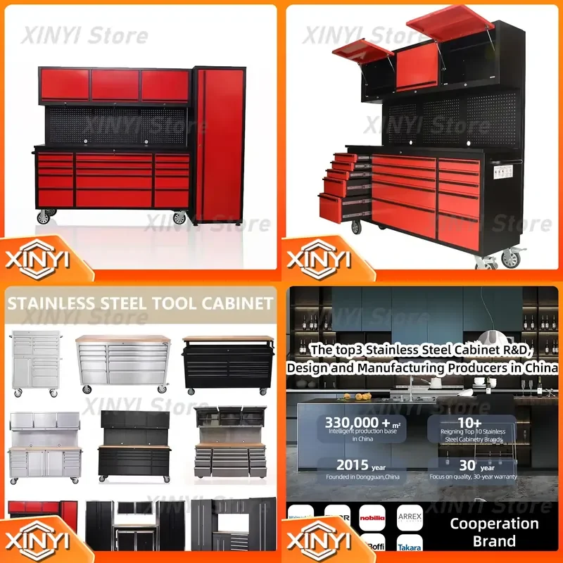 Luxury 72inch Cool-To-Touch 430 Stainless Steel Tool Cabinet with Antibacterial Workbench and Storage for Workshop Auto