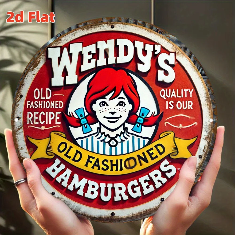 Vintage Wendy's Old Fashioned Hamburgers Round Tin Sign, Retro Fast Food Brand Metal Wall Art, Rustic Diner Restaurant Themed De