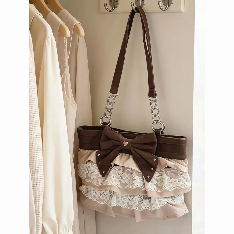 Retro Cake Layers Shoulder Bag Gentle Bow Lace Trim Color-blocked Handbag Elegant Pleated Skirt Hem Frosted Tote Bags in Stock