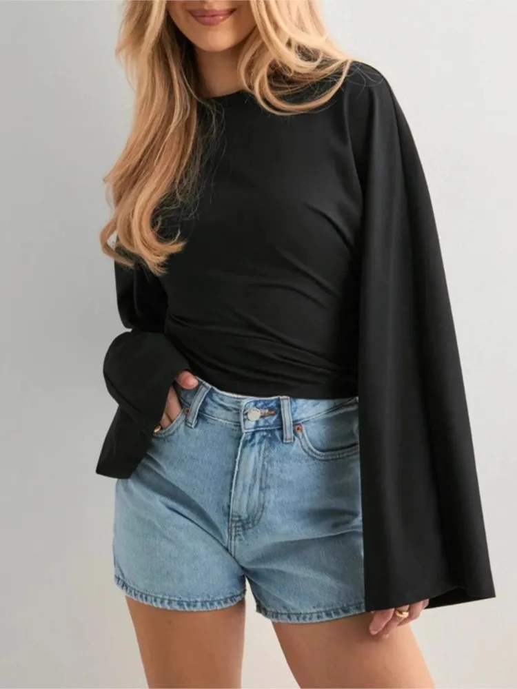 

Женская облегающая футболка с длинным рукавом и круглым вырезом, однотонный укороченный топ, повседневный стиль Y2K, уличная мода, пуловер, летний наряд, женская блузка