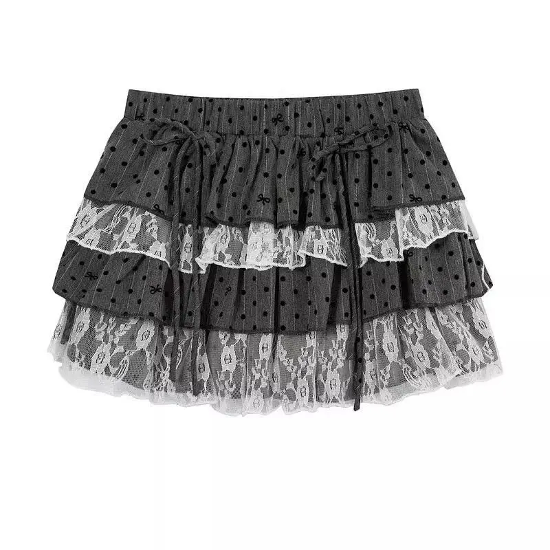 Polka Dot Cake Skirt High Waist Mini Women's skirts Lace Spliced Roupas Feminina Sweet Bandage Bow Faldas Y2k Ropa Mujer