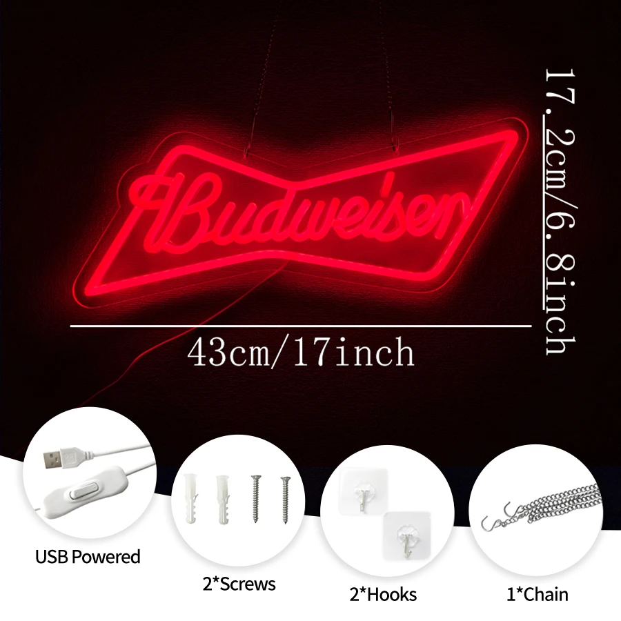 Budweiser Neon Sign for Wall Decor,Beer LED Neon Light for Man Cave Bar Wall Art,USB Powered for Home Bar Bistro Party Club Gift