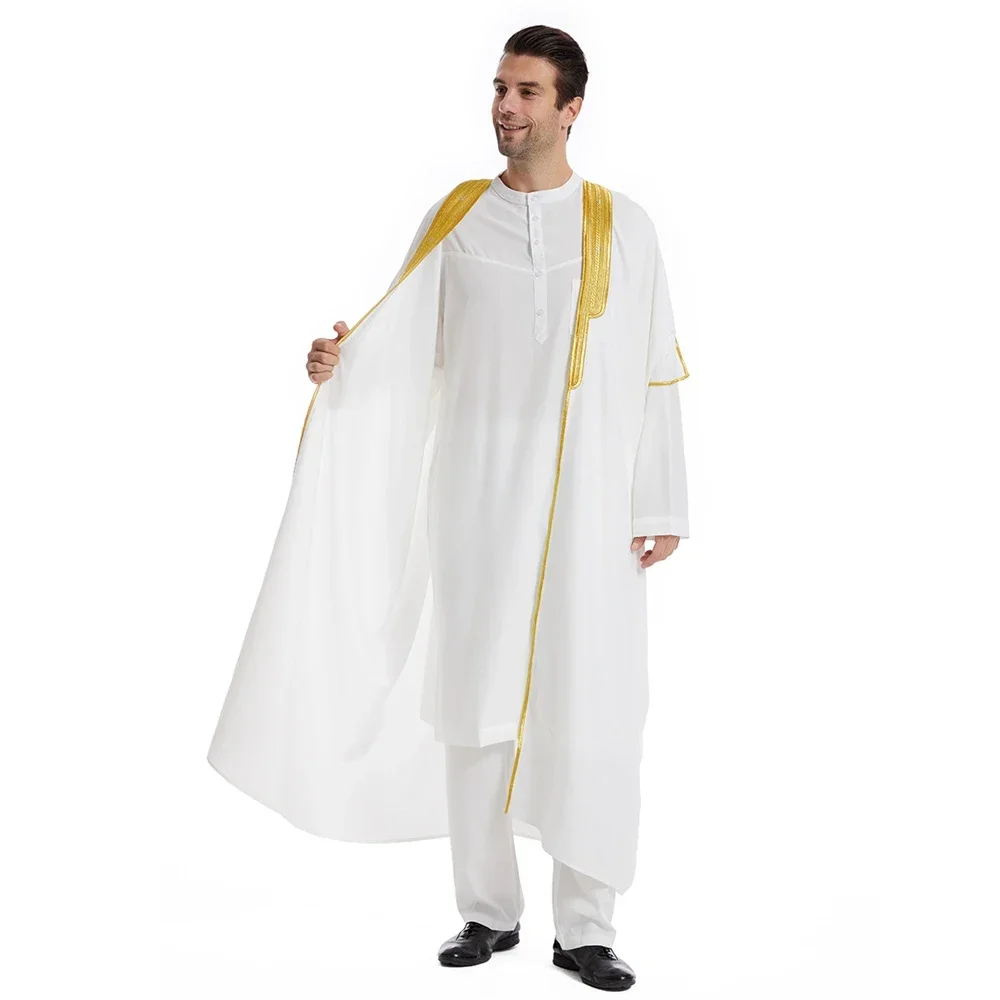 Muslim Men Jubba Thobe Short Sleeve Solid Color Embroidery Traditional Islam Clothing Saudi Arabia Kaftan Abaya Eid Ramadan Robe