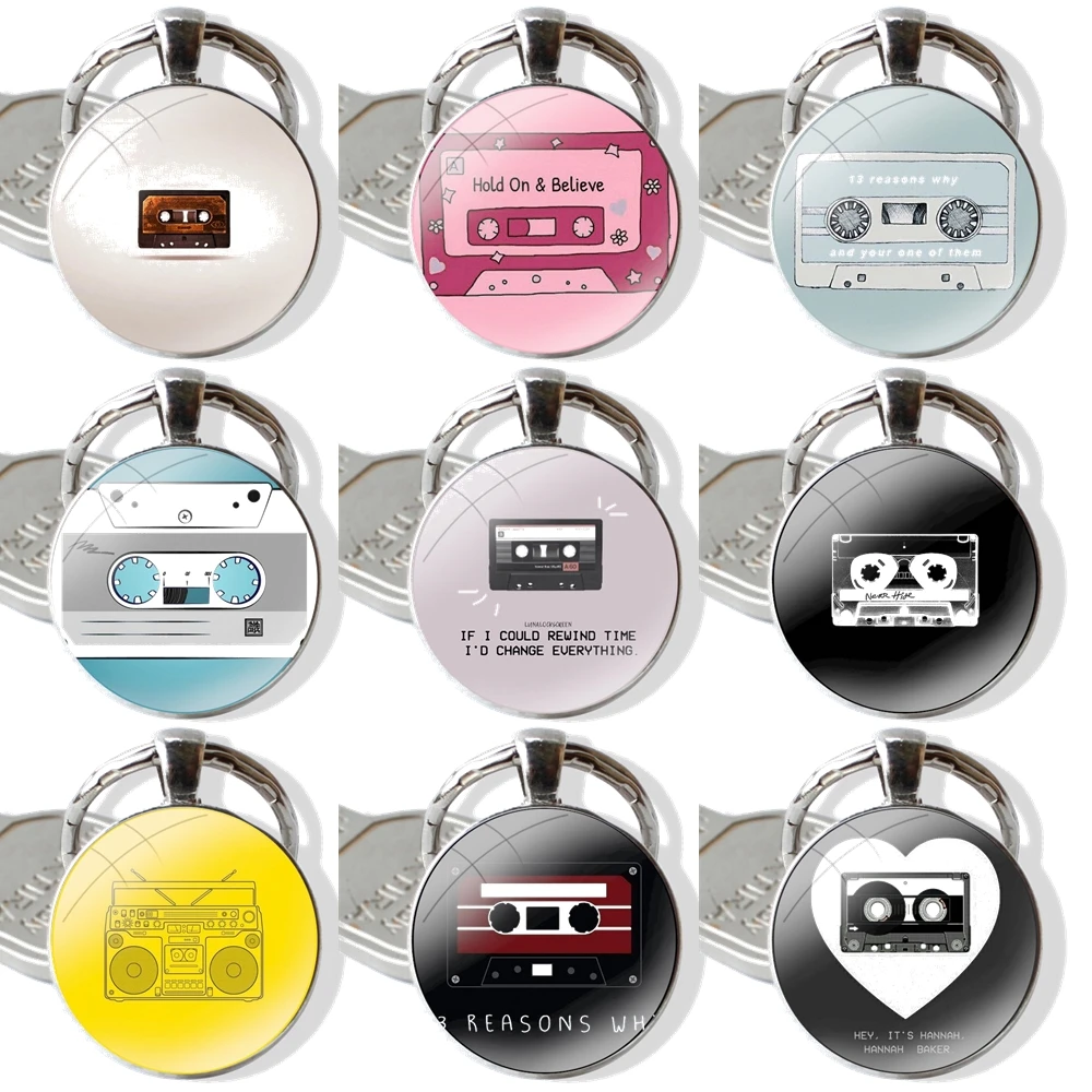 Keychain Handmade Glass Cabochon Key Ring Holder Pendant Key Chains Music Old Tapes Recorder Cartoon Creative Design Fashion