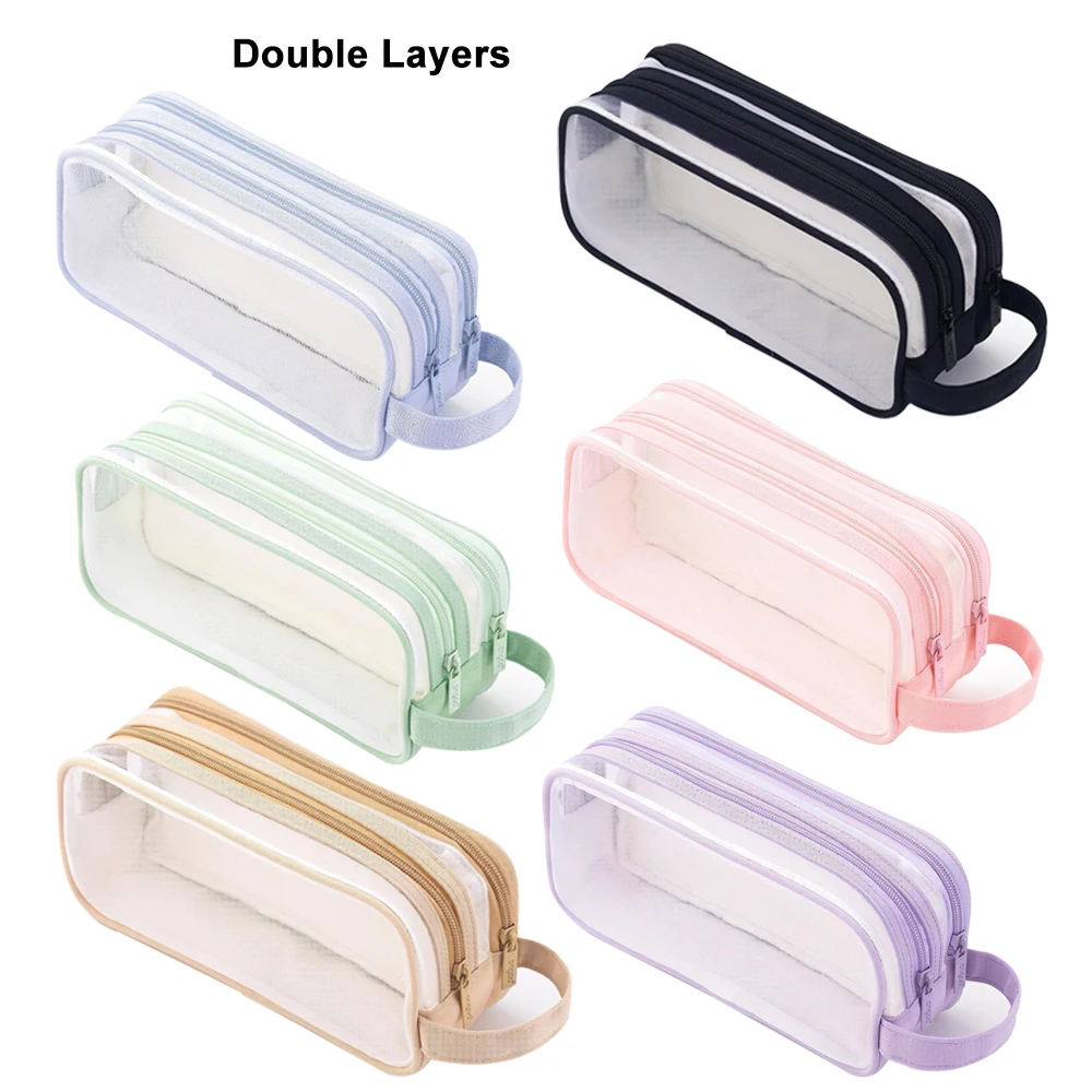 

MQQ Large Grid Mesh Pencil Case 2 Compartment Pen Bag Clear Handheld Multifunction Pencil Pouch Transparent Makeup Bag for 2pcs