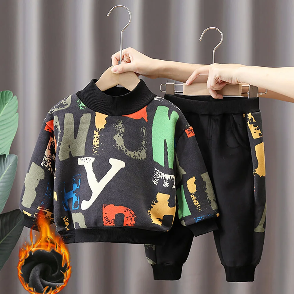 

Thick Warm Kids Boys Clothes Sets Autumn Winter Casual Letters Print Velvet Pullover Sweatshirt+Pants 2Pcs Children Outfit Suit