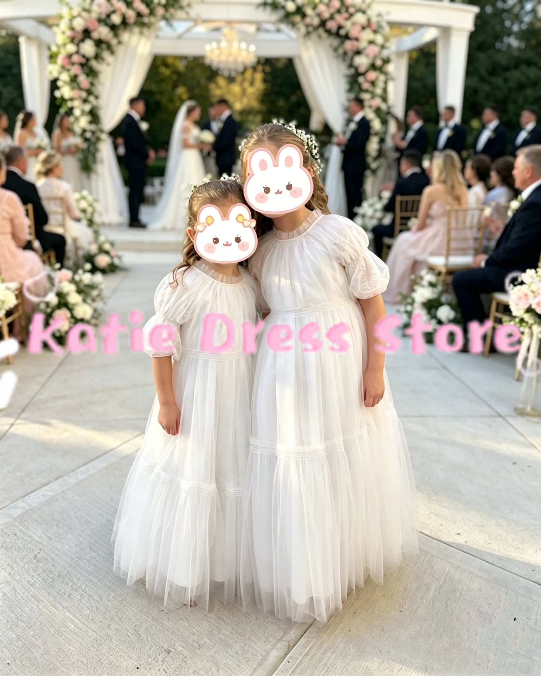 

Customized White Flower Girl Dress For Wedding Puffy Tulle Half Sleeve Princess Kids Birthday Party First Communion Ball Gowns