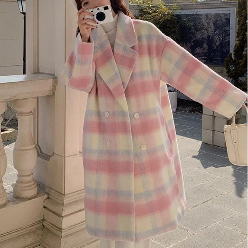 Plaid Blends Women Winter Sweet Overcoat Gentle Korean Style Loose Temper Girlish Streetwear Cozy Aesthetic Warm Clothing Mujer