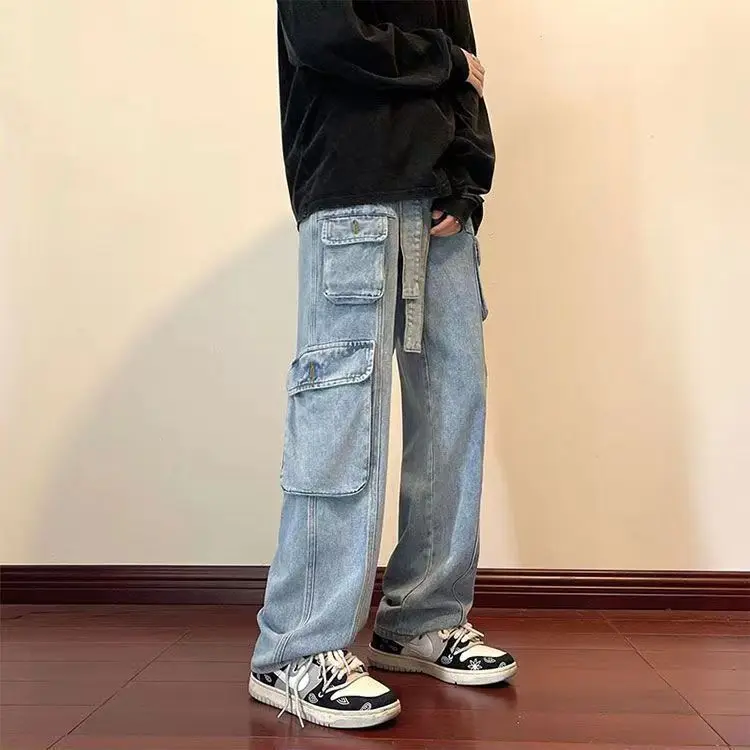 

New Style Retro Street Hip Hop Pocket Cargo Pants Design Men Jeans Loose Straight Pants High Waist Wide Leg Pants Jeans Z63