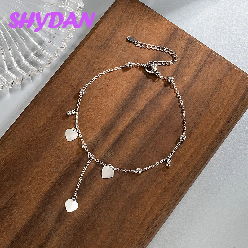 SHYDAN 925 Sterling Silver 18K Gold Heart Tassel Bead Anklet For Women Girls Fashion Jewelry