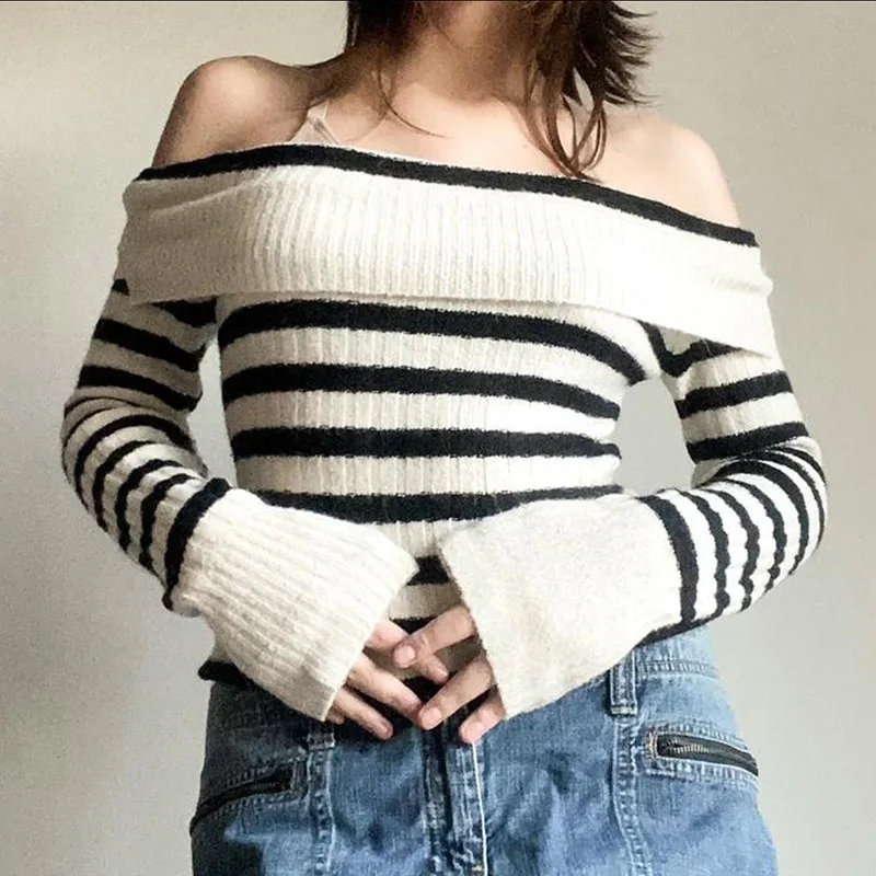 New Arrival Stripe Shoulder Off Sweater For Fall Winter Women Slim Fit Color Block Office Lady Stylish Knitted Coat