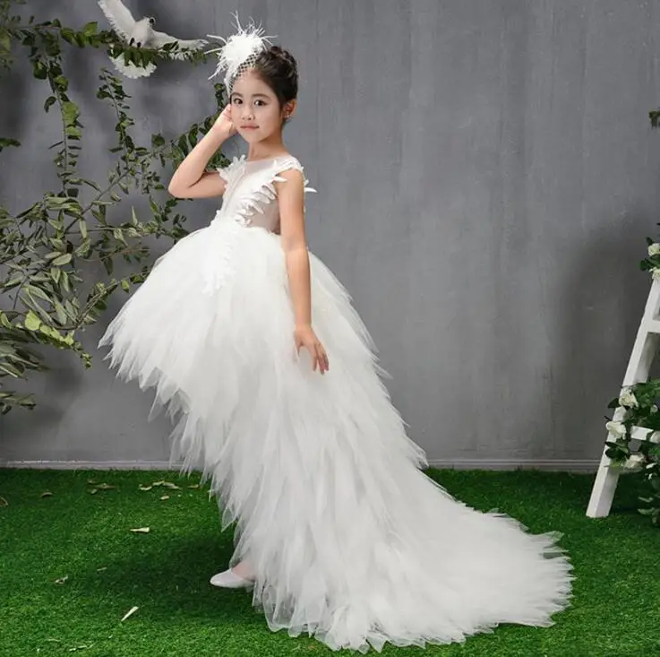 Swan Crystal Tulle Trailing Flower Girl Dresses Ball Gown Kids Pageant Dress Birthday Party High-end Feather Princess Dresses