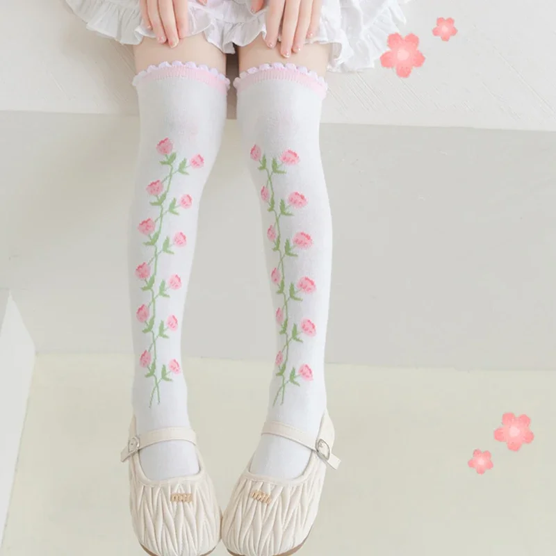 

Детские носки с цветочным принтом для девочек, весенне-осенние, розовые, с рюшами, длинные, однотонные, хлопковые, выше колена