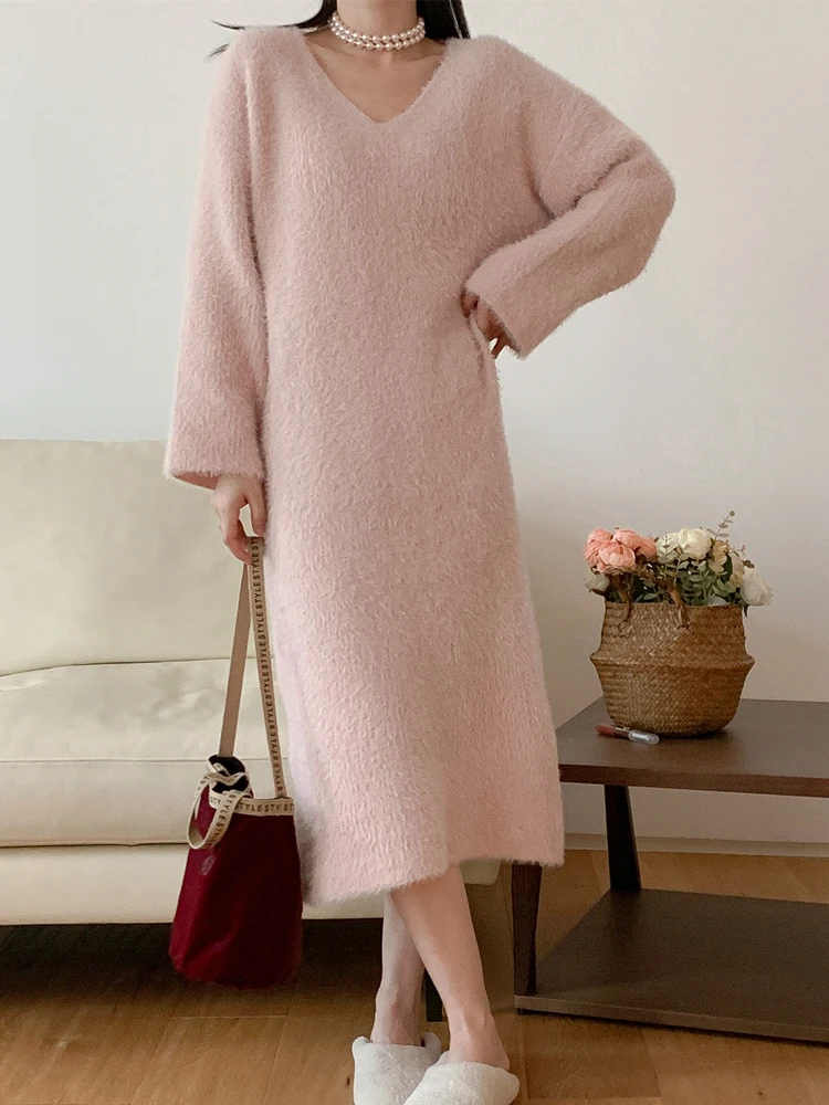 Colorfaith New 2022 Chic Korean Fashion Knitting Fake Mink Cashmere Elegant Women\'s Autumn Winter Vintage Long Dresses DR5081JX