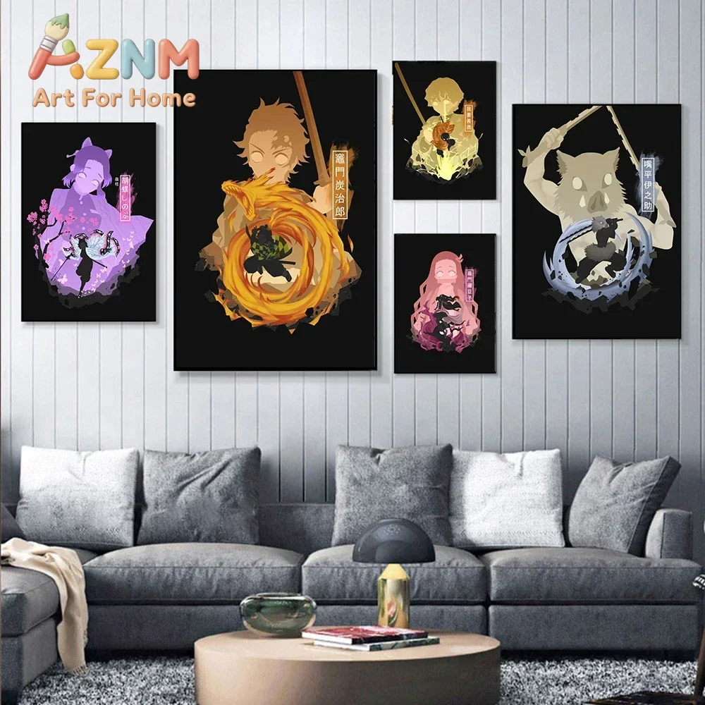 AZNM Demon Slayer Anime Silhouette Canvas Wall Art Hashira Tanjiro Nezuko Shinobu Rengoku Canvas Print Bedroom Home Decor Poster