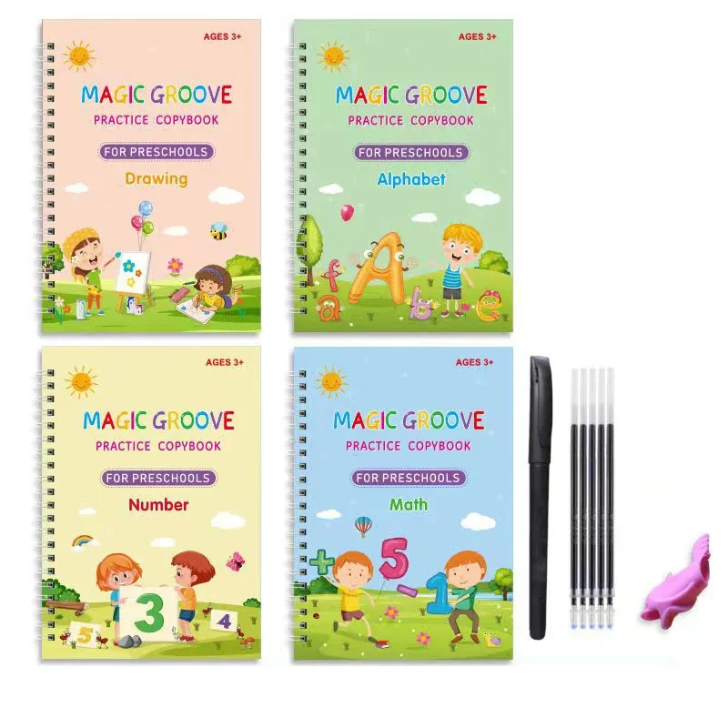 4 Books Reusable Magic Copybooks for Kids Handwriting Workbooks for Preschools Grooves Template Design Aid Practice Copybook