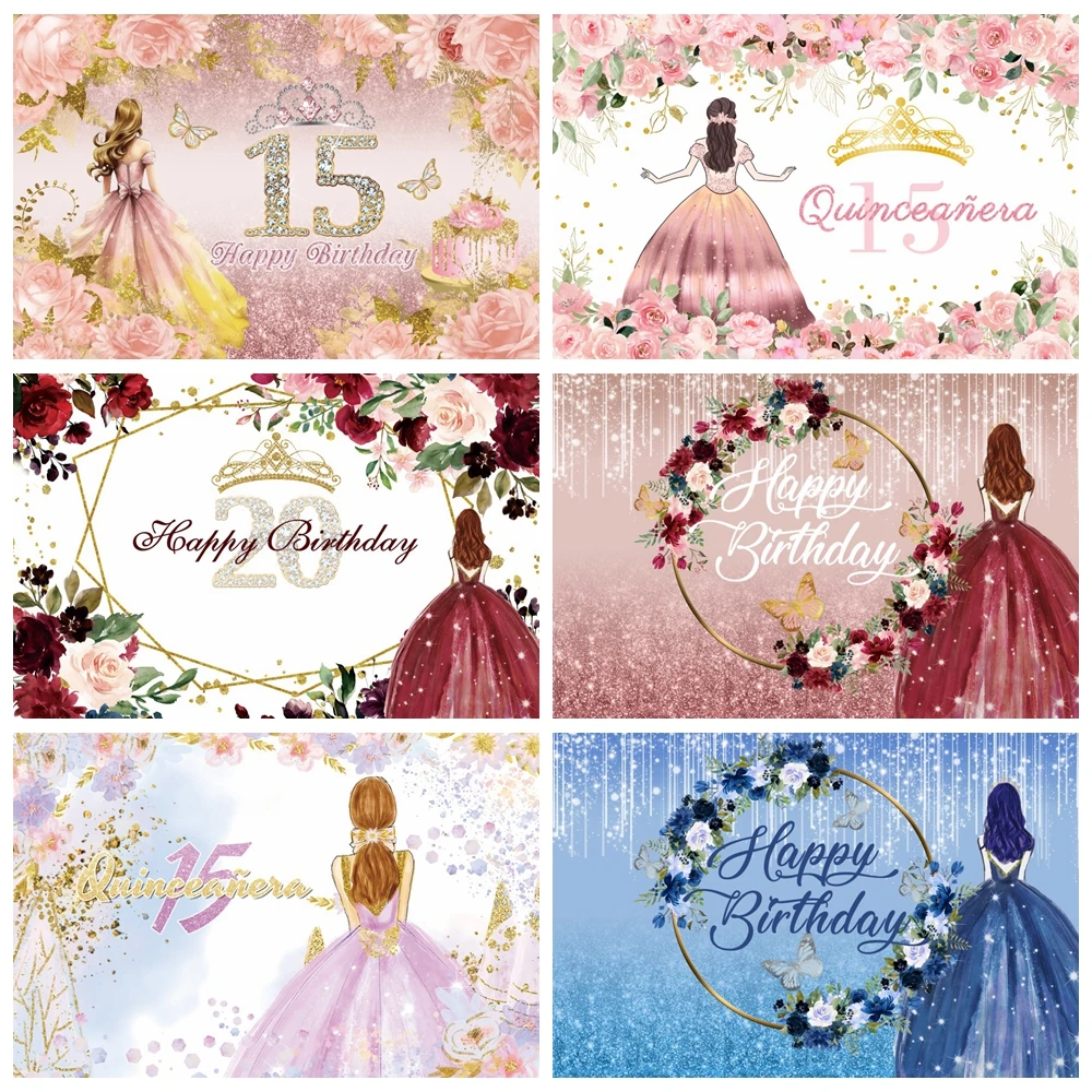 

Quinceanera Sweet 15 16th Princess Birthday Party Photographic Backdrops Girl Dress Glitter Crown Floral Decor Photo Background