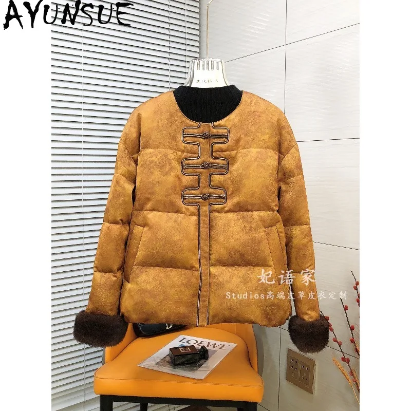 AYUNSUE Goose Down Jacket Woman Chinese Style Mink Fur Cuff Women Winter Coat Elegant Warm Long Sleeve Tops Woman Clothes Casaco