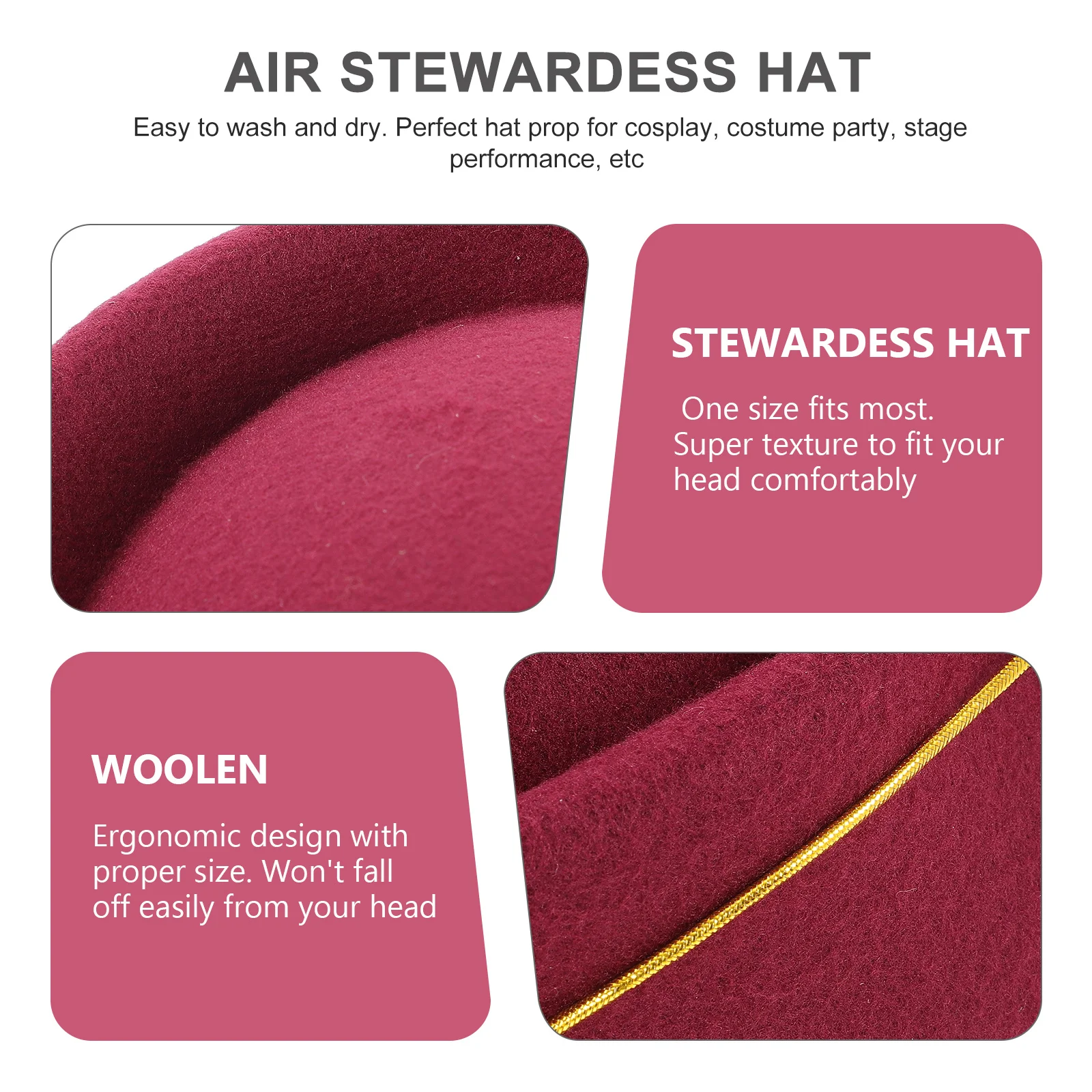 

Women Air Stewardess Hat Wine Red Woolen Flight Attendant Hat Ergonomic Design Perfect Costume Cosplay Performance