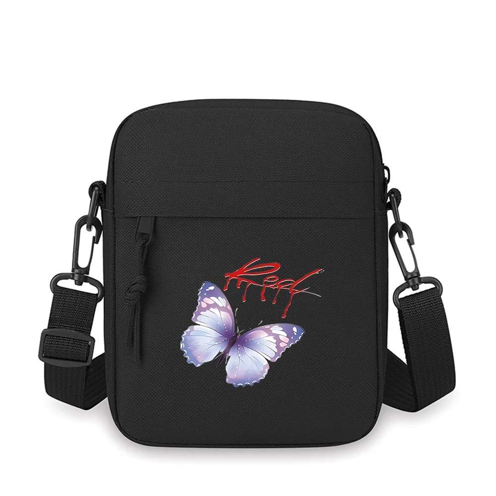 Butterfly,Red Letters,Black Background Men Crossbody Bag Single Shoulder Women Cartoon Anime Film Printing Design Unisex