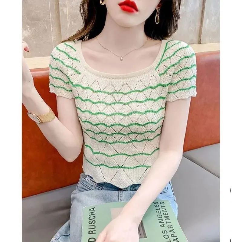 

Summer Women Clothes Fashion Simplicity Hollow Out Knitwear Striped Short Sleeve T-Shirt Women's Elegant All-match Slim Tops