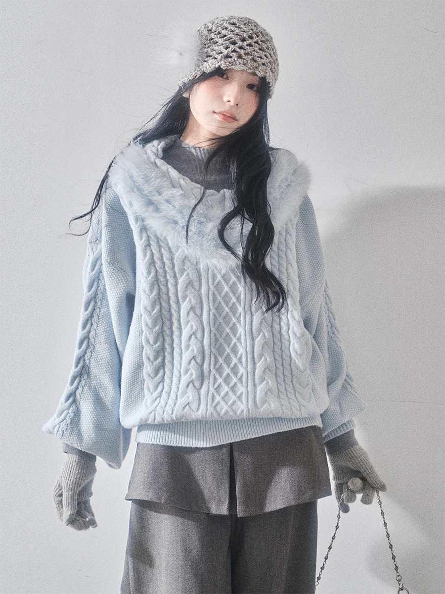 

Liparpa Jingzhao Rain V-ne-oulder Faux Fur Collar Patchwork Diamond Pattern Knitted Sweater Women's Faion Winter Warm