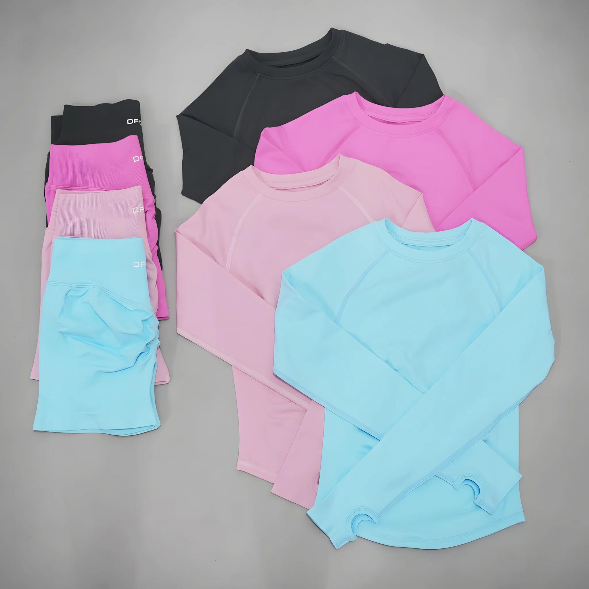 DF LOGO Women Seamless Long Sleeve 2PCS Set High Elastic Tummy Control Quick Dry Breathable Yoga Running Gym Fitness Shorts