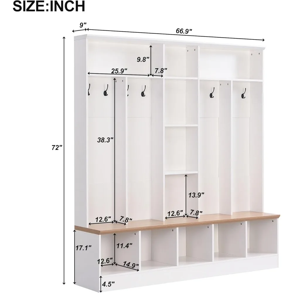 White Stool Stool Hallway Coat Rack With 8 Hooks for Entrance Mudroom Furniture for the Living Room