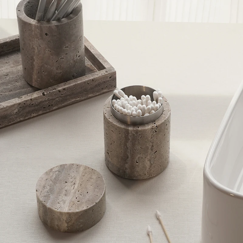 Travertine Qtip Holder Dispenser Bathroom Storage Organizer Jar for Cotton Swabs Balls Pads Toothpick Floss Picks