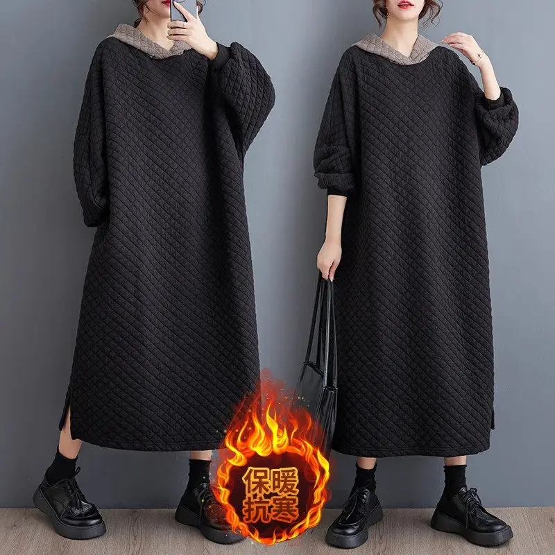 Large Size Women\'s Warm Dress 2023 Autumn/Winter New Fashion Cotton Quilted Sweatshirt Casual Hooded Dress Pullover Robe Z3690