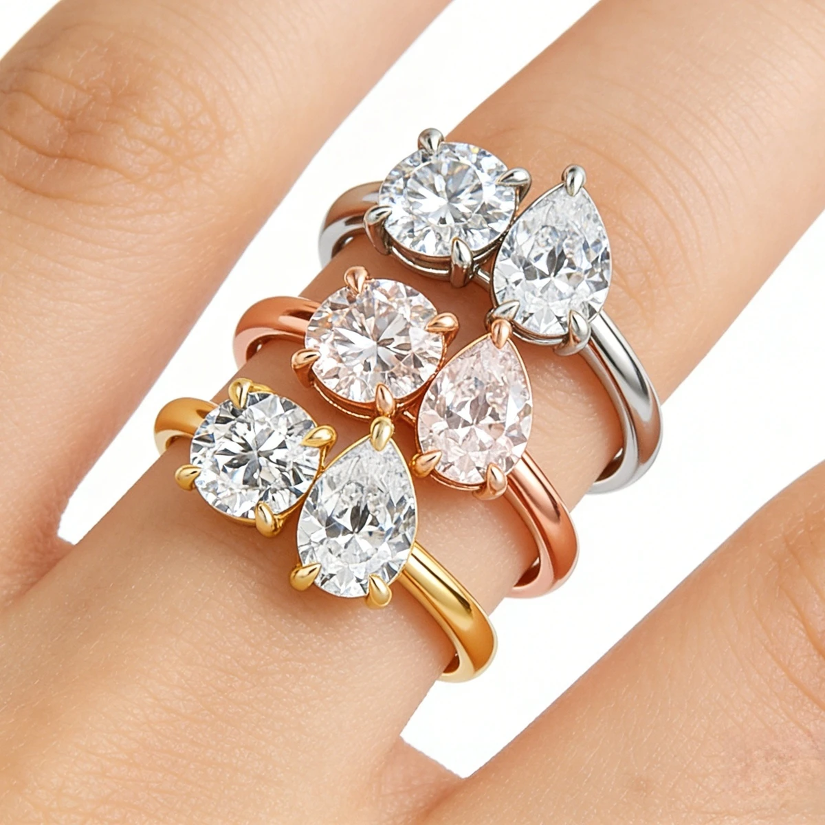 

Round Pear Cut Moissanite Diamond Ring for Women Two Stone Wedding Bands 925 Silver White 18k Gold Plated Engagement Jewelry
